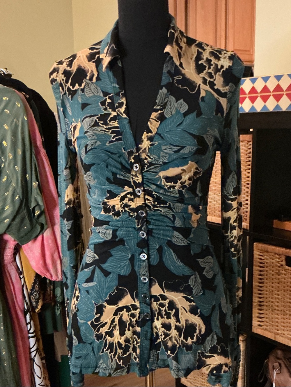 Free People Teal & Beige Floral Ruched Button-Up Shirt
